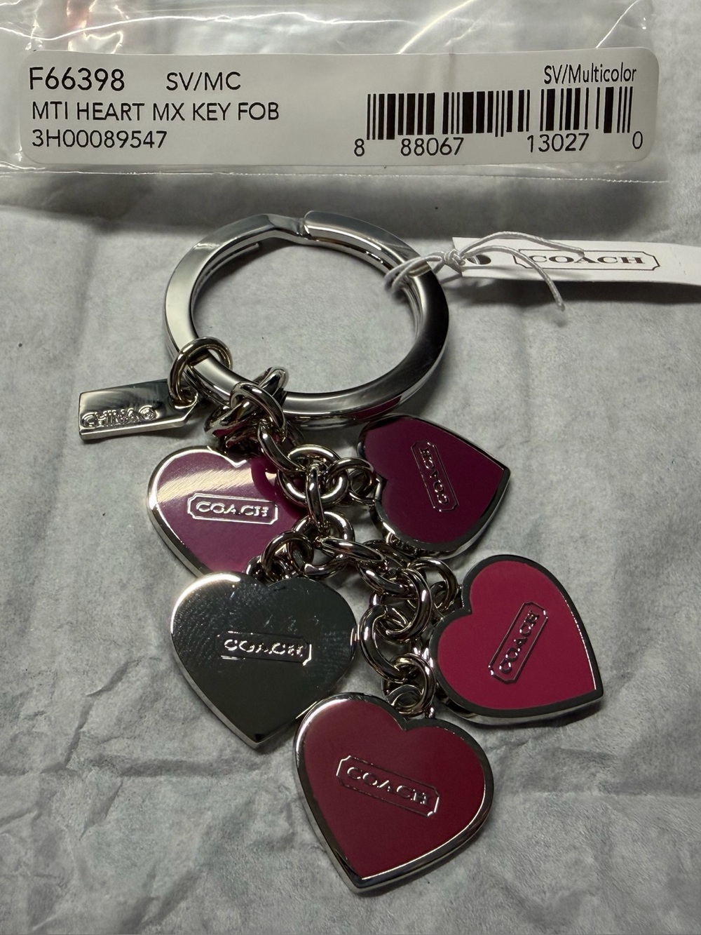 NWT COACH Heart Mix Keychain Fob, Silver Maroon Pink F66398 - Picture 2 of 3